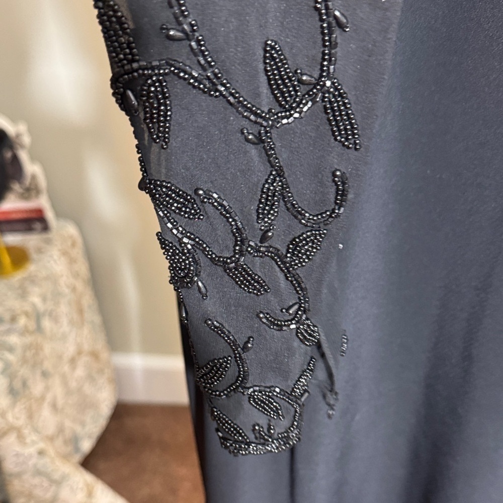 Vintage EUC Oleg Cassini Black Long Sleeve Semi Sheer Beaded Dress Low Cut Back - Picture 9 of 13